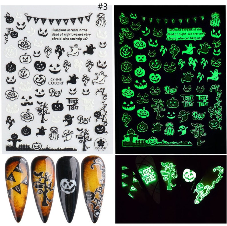 May include: Two sheets of glow-in-the-dark Halloween nail stickers. The left sheet has white stickers with black outlines of pumpkins, ghosts, bats, and a tree. The right sheet has green stickers with black outlines of pumpkins, ghosts, bats, and a tree. The text on the sheets reads "Pumpkins scream in the dead of night, we are very afraid, who can help us?" and "Trick or Treat".