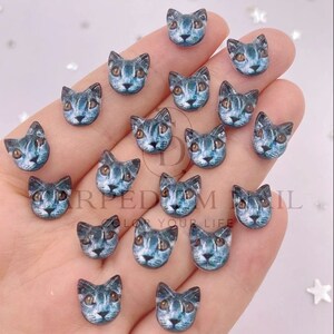 May include: A collection of 18 blue and gray cat face resin charms. The charms are small and have a glossy finish. They are perfect for adding a touch of whimsy to your crafts.