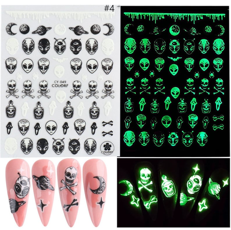 May include: Two sheets of glow-in-the-dark nail stickers with a variety of designs, including skulls, aliens, moons, and planets. The stickers are shown on a white background and on a set of pink nails.