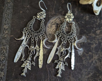 Woodlands XXII : Lilith Earrings, Left Hand Path Occult witchcraft, Goth earrings, Occult jewelry, Boho style, Goth jewelry, moon, Hekate