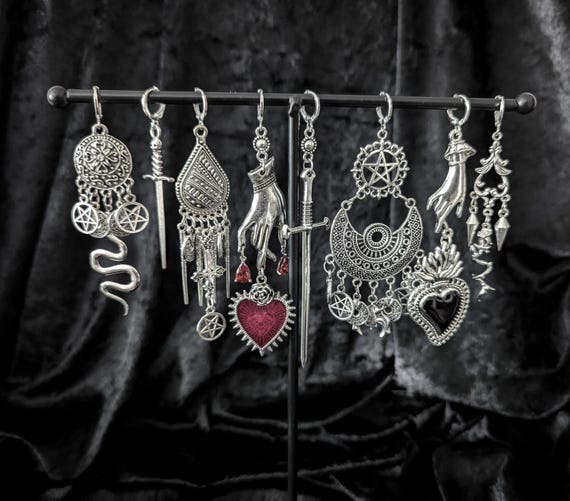 Goth Silver Earrings: Serpent, Sword, Pentagram - Left Hand Path