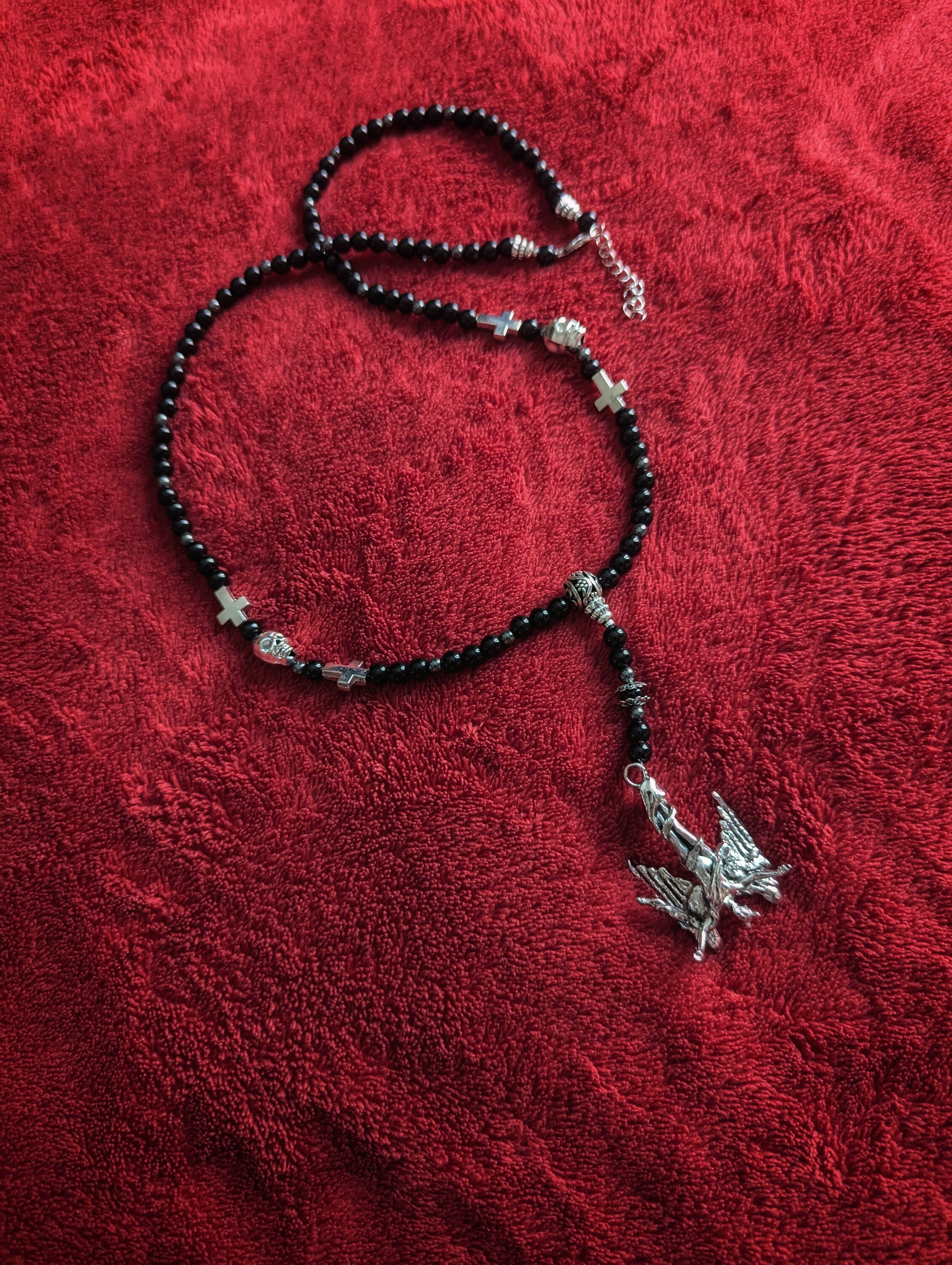 Fallen Angel: Onyx & Hematite Rosary, Luciferian jewelry, Pentagram, Goth Occult jewelry
