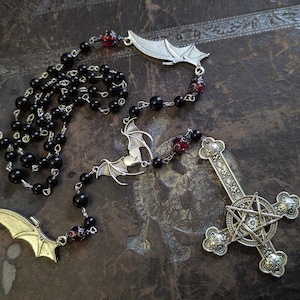 Goth Bat Rosary: Onyx Beads, Silver Bronze Pendant
