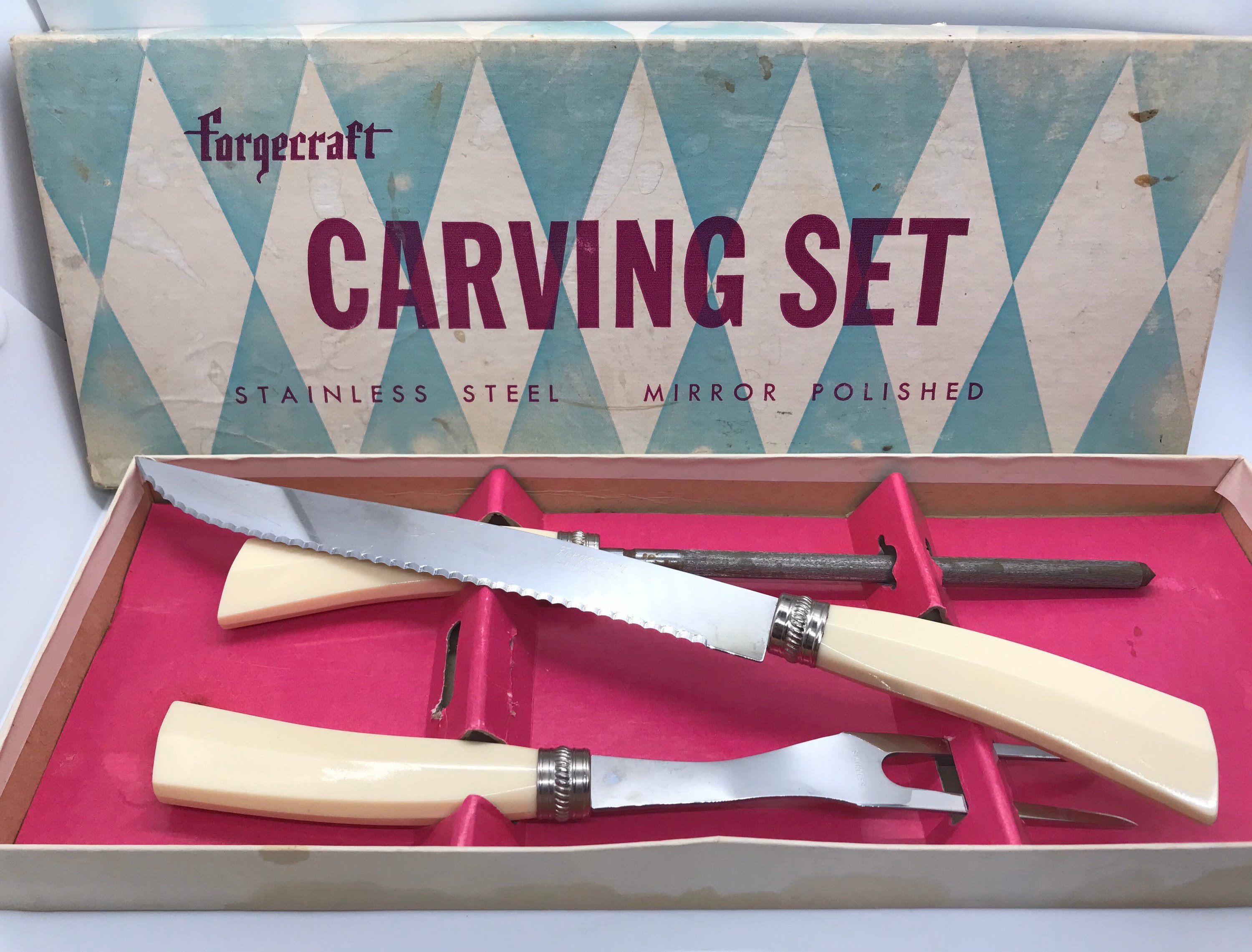 Vintage Forgecraft Set of 2 Carving Knife Meat Fork Stainless Steel Faux  Antlers 