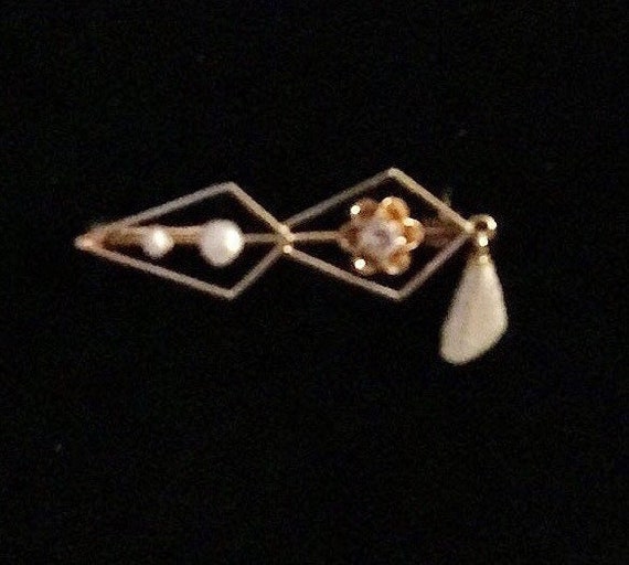 Antique Vintage 14kt Gold Pearl and Diamond Bar P… - image 1