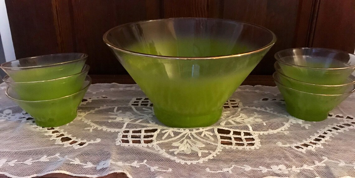 Vintage MCM Blendo Frosted Lime Green Glass Salad Bowl & 6 Etsy
