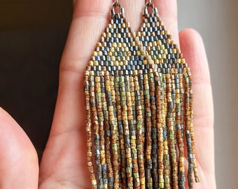 Beaded earrings, pendant earrings, geometric earrings colors of natural stones, fringe beaded earrings, dangling, seed beaded earrings, gift