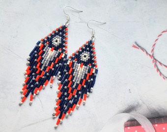 Handmade beaded earrings, Miyuki jewelry, dangle earrings, drop beads, boho navy dark blue and orange, geometric earrings, personalized gift