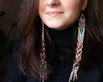 Extra long beaded earrings, ukraine handmade, fringe earrings, shoulder-length earrings, beaded earrings, 8 inch earrings, mother gifts