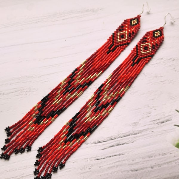 Extra long beaded earrings ukraine handmade, red gold black shoulder earrings, fringe earrings, chest earrings, 8 Inch earrings, gifts