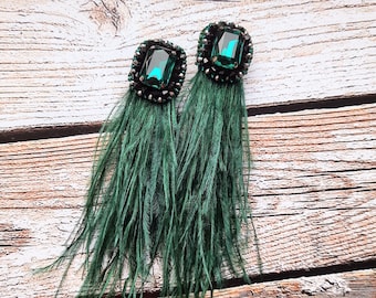 Real ostrich feather earrings green color, long earrings natural feathers, boho bouquet, ukraine handmade, customized, personalized gifts