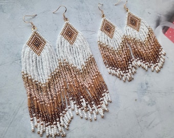 handmade earrings, white gold long earrings, fringe earrings, Clip on earrings or ear hooks, seed beaded earrings, personalized orders