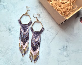 Handmade earrings, Boho fringed earrings, Small purple gold beaded earrings, Hoop earrings, Stainless clasp, Beaded dangle earrings, Gifts