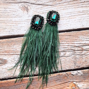 Real ostrich feather earrings green color, long earrings natural feathers, boho bouquet, ukraine handmade, customized, personalized gifts