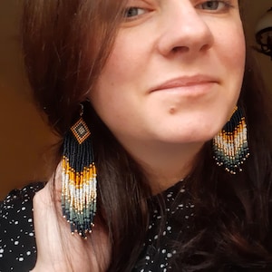 Navy blue yellow milky beaded earrings, ukraine handmade, seed beaded earrings, beaded boho earrings, fringe earrings, personalized gift