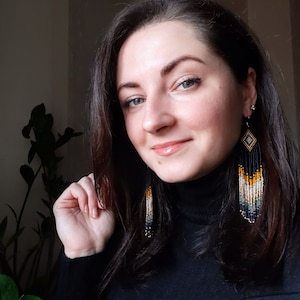 Beaded Fringe Earrings: Navy Blue, Yellow, and Milky Czech Beads