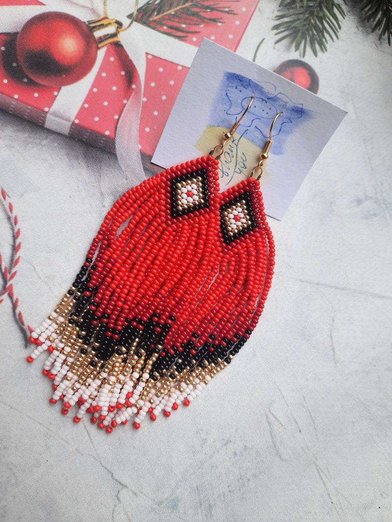 handmade earrings, red black gold long earrings, fringe earrings, Clip on earrings or ear hooks, seed beaded earrings, personalized orders zdjęcie 8