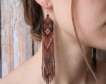 Handmade Beaded Fringe Earrings, Earth Tone Brown Bronze Combination