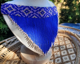 Handmade Royal Blue Beaded Necklace: Boho Fringe Statement Jewelry