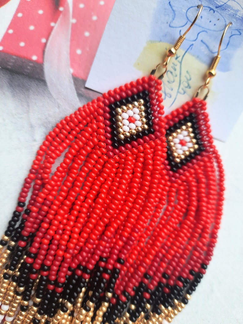 handmade earrings, red black gold long earrings, fringe earrings, Clip on earrings or ear hooks, seed beaded earrings, personalized orders zdjęcie 9