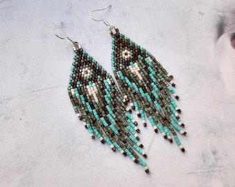 handmade earrings, turquoise brown long earrings, fringe earrings, Clip on, natural stone style, seed beaded earrings, personalized gifts