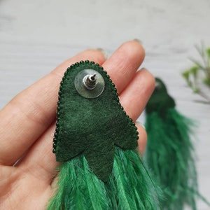 Long green ostrich feather earrings, ukraine handmade, emerald dangle earrings, dangle earrings, feather earrings, party earrings, gifts image 2
