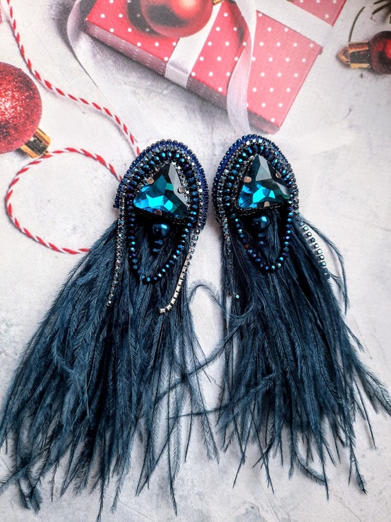 Navy Blue Long Feather Earrings Ukraine Handmade Navy Blue