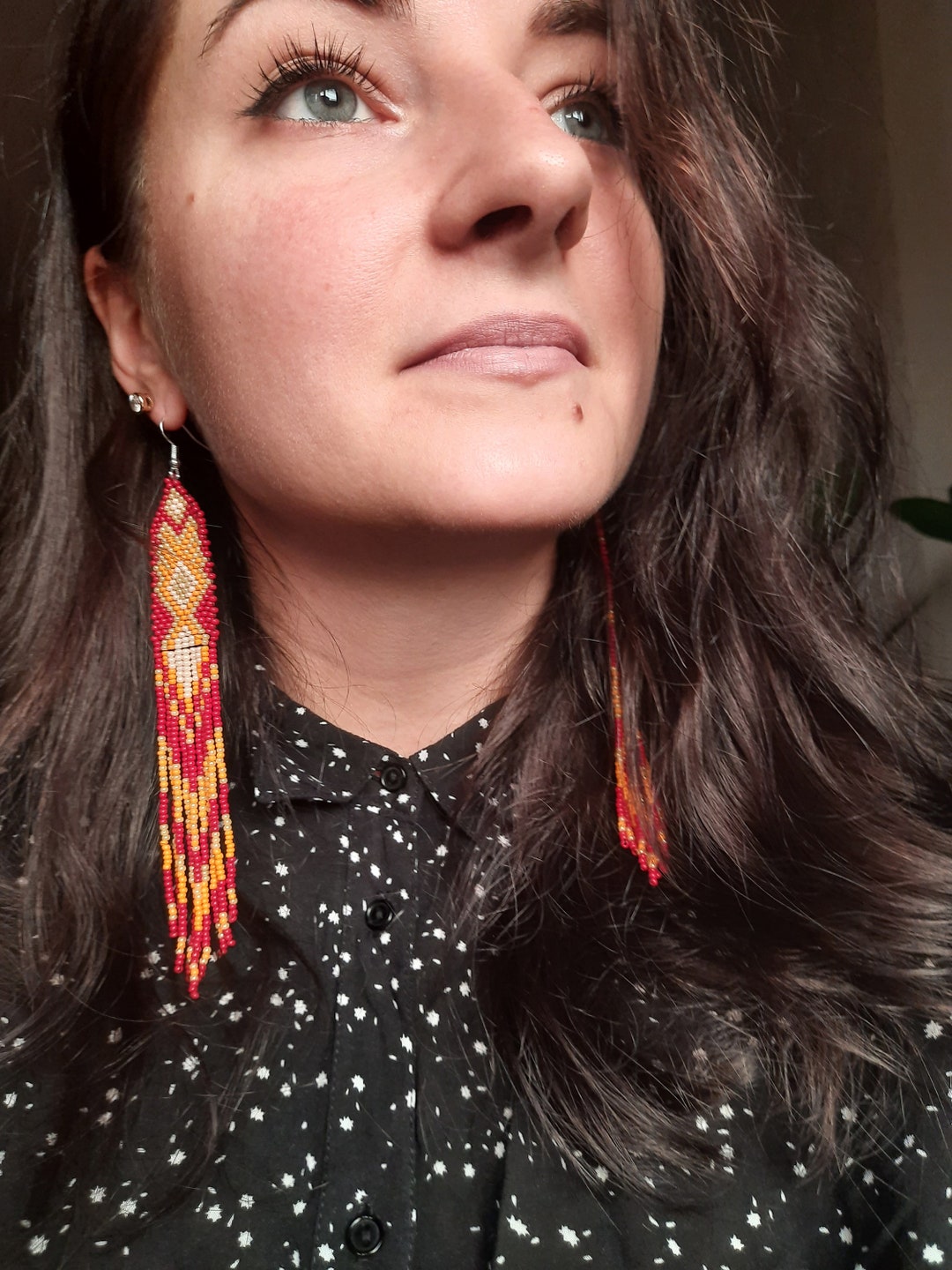 One Red Beaded Earring Etsy UK