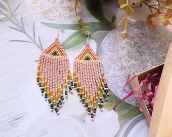 Handmade Beaded Fringe Earrings: Beige Braided Jewelry