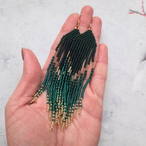 Seed bead earrings, statement jewelry, long tassel earrings in dark green and gold gradient, boho chic earrings,  unique custom gifts