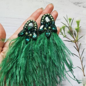 Long green ostrich feather earrings, ukraine handmade, emerald dangle earrings, dangle earrings, feather earrings, party earrings, gifts