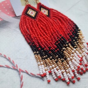 handmade earrings, red black gold long earrings, fringe earrings, Clip on earrings or ear hooks, seed beaded earrings, personalized orders zdjęcie 6