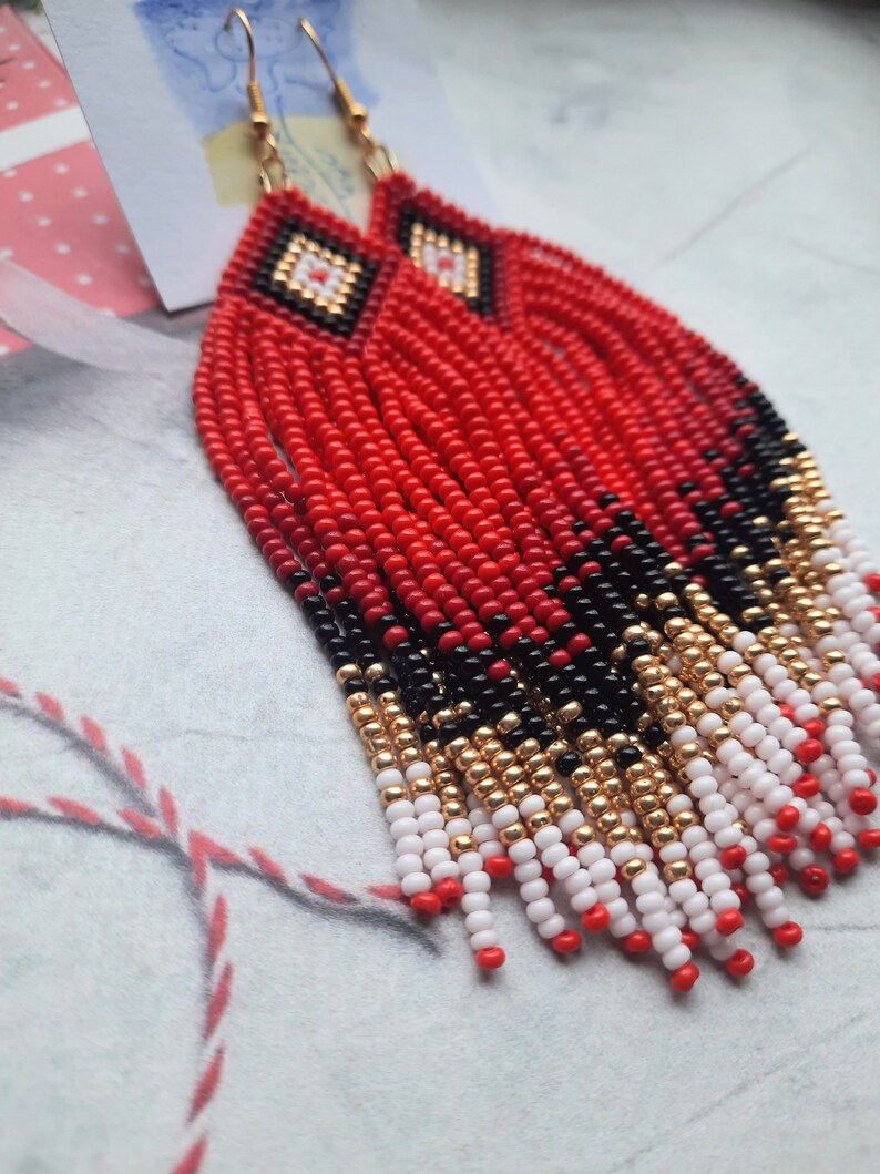 handmade earrings, red black gold long earrings, fringe earrings, Clip on earrings or ear hooks, seed beaded earrings, personalized orders zdjęcie 6