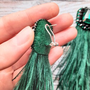 Real ostrich feather earrings green color, long earrings natural feathers, boho bouquet, ukraine handmade, customized, personalized gifts image 8