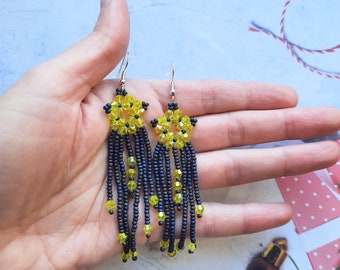 Beaded earrings, Yellow small beaded earrings, Star earrings, Black rainbow beaded earrings, Boho beaded earrings, Personalized gifts