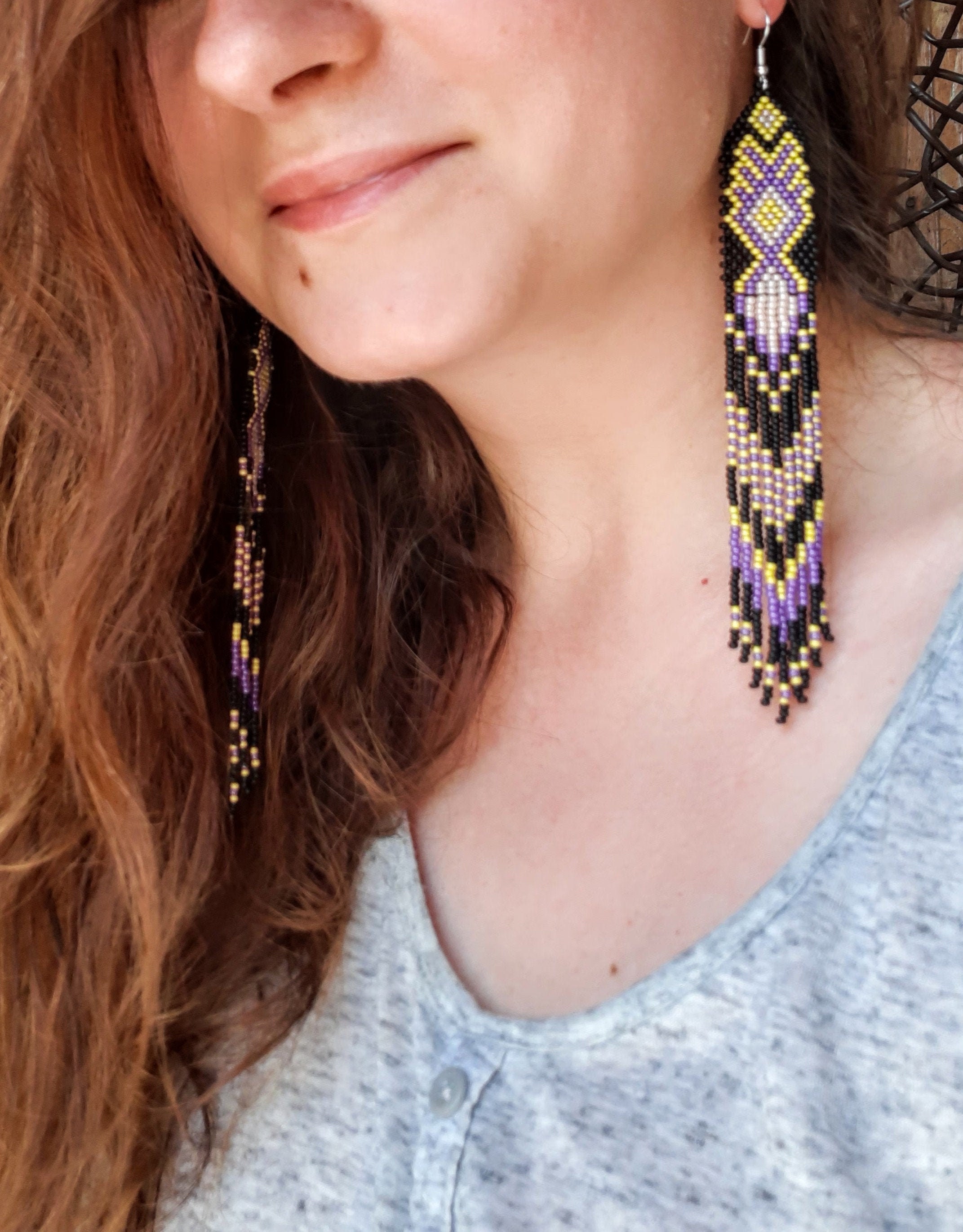 Extra Long Beaded Matte Black Beaded Earrings Ukraine Handmade