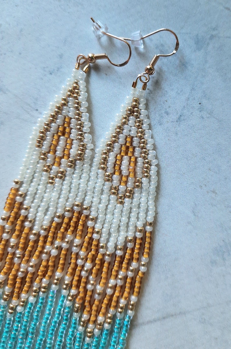 Seed beaded earrings, gradient of milky gold beaded earrings, beaded boho earrings, ukraine handmade, fringe earrings, personalized gift zdjęcie 3