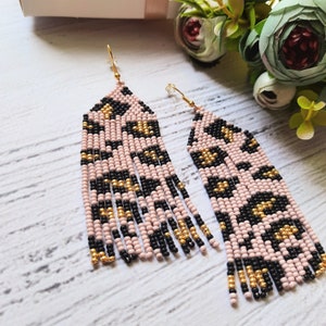 Handmade Leopard Fringe Earrings: Seed Beaded Animal Print