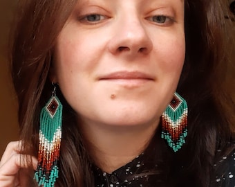 handmade earrings, turquoise brown long earrings, fringe earrings, Clip on earrings or ear hooks, seed beaded earrings, personalized orders