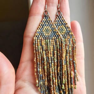 Boho chic colorful gemstone earrings, seed bead earrings with natural stone accents, trendy fringe design, geometric earrings, personalized