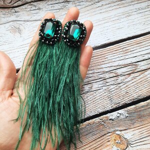 Real ostrich feather earrings green color, long earrings natural feathers, boho bouquet, ukraine handmade, customized, personalized gifts image 4