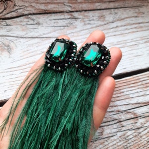 Real ostrich feather earrings green color, long earrings natural feathers, boho bouquet, ukraine handmade, customized, personalized gifts image 5