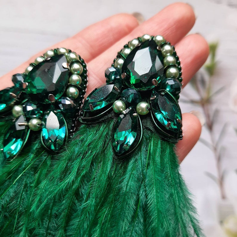 Long green ostrich feather earrings, ukraine handmade, emerald dangle earrings, dangle earrings, feather earrings, party earrings, gifts image 5