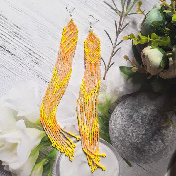 Extra long beaded earrings yellow orange fringe earrings,shoulder length earrings earrings, clip on, handmade jewelry, personalized gifts