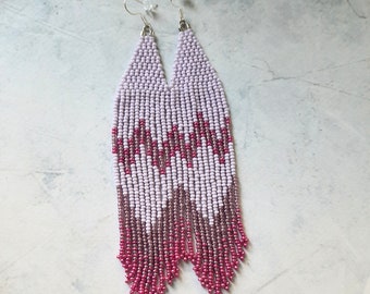 Beaded earrings, shades of lilac, drop beads earrings, boho style long curls, geometric pattern, purple shades gradient, Ukraine handmade