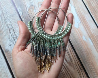 Boho Fringe Beaded Hoop Earrings Handmade Green & Gold Czech Seed Beads | Statement Tribal Earrings
