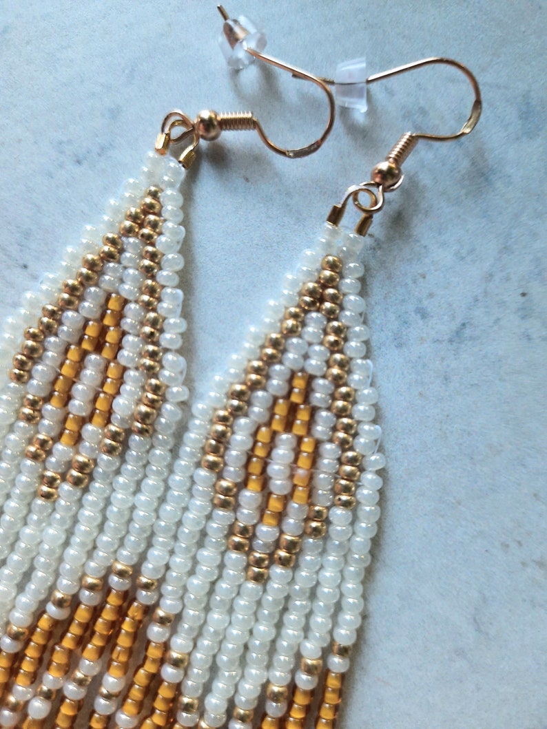 Seed beaded earrings, gradient of milky gold beaded earrings, beaded boho earrings, ukraine handmade, fringe earrings, personalized gift zdjęcie 5