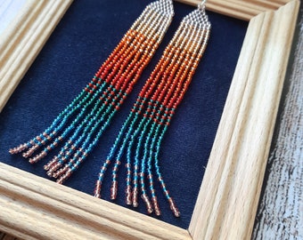 shiny beaded earrings, rainbow earrings, dangling earrings, red orange earrings, light earrings, seed bead earrings, fringe handmade earring