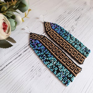 Turquoise beaded earrings, seed bead long earrings, tassel long earrings, dangle statement jewelry, fringe boho earrings, girl's gift