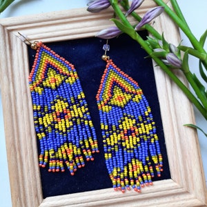 Seed bead earrings, boho chic jewelry, statement navy blue yellow and orange tassel earrings, fringe earrings, bead drop customized earrings